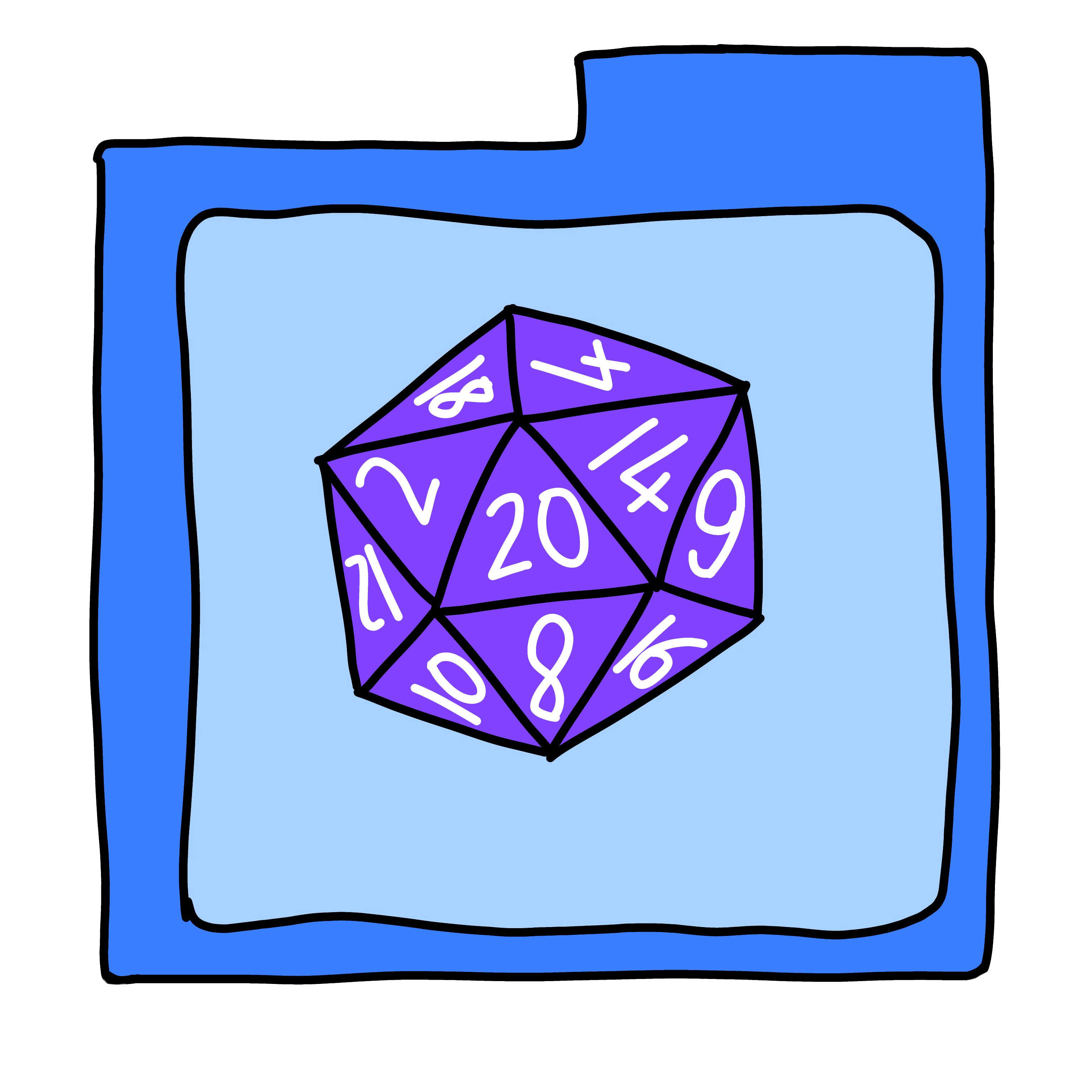 a blue folder, the inside is a lighter blue, with a purple d20 on it